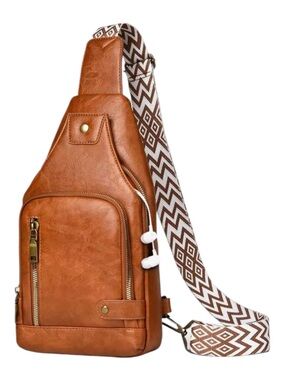 Men's Brown Leather Sling Bag with Patterned Strap